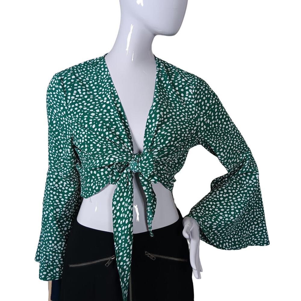 Tie Front Bell Sleeve Crop Top Size Medium Green and White Spotted by Shein